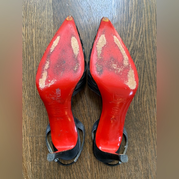 Christian Louboutin Black Satin Mesh Woven Slingback Heel